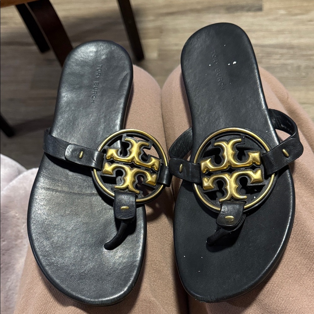 Tory Burch Black Slides metal miller with Gold Emblem